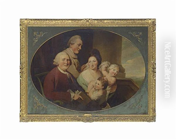 A Group Portrait, Thought To Be Richard Bentley (1708-1782), His Son By His First Wife, His Second Wife And Their Daughters On A Portico... Oil Painting by Robert Edge Pine