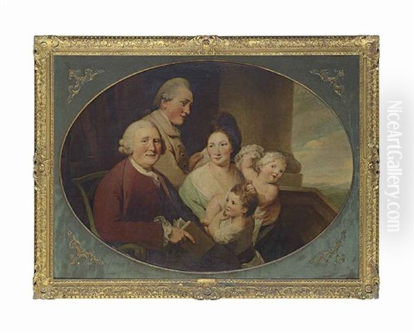 A Group Portrait, Thought To Be Richard Bentley (1708-1782), His Son By His First Wife, His Second Wife And Their Daughters On A Portico Oil Painting by Robert Edge Pine