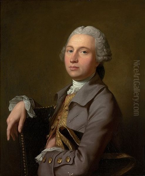 Portrait Of A Gentleman In A Grey Coat And Gold Embroidered Waistcoat Oil Painting by Robert Edge Pine