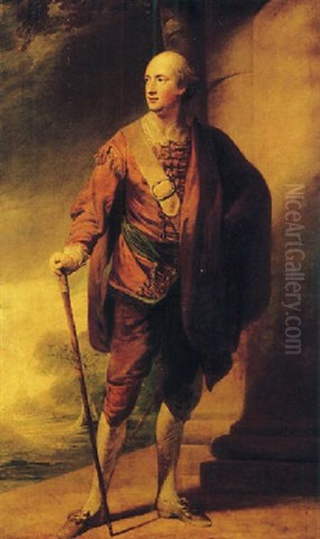 Portrait Of A Gentleman (david Garrick?) In A Red Jacket And Brown Cloak, A Walking Stick In His Right Hand, By A Column, A Landscape Beyond Oil Painting by Robert Edge Pine