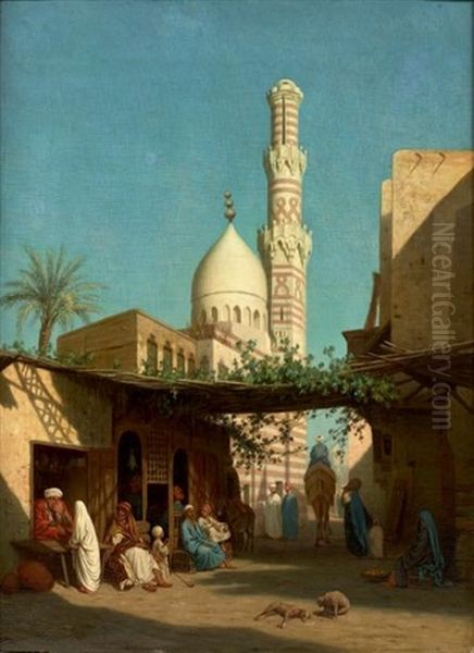 Une Rue Au Caire, Le Minaret Oil Painting by Louis Emile Pinel De Grandchamp