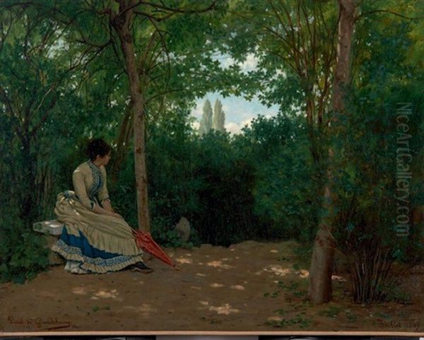 Jeune Femme A L'ombrelle Dans Un Sous-bois Oil Painting by Louis Emile Pinel De Grandchamp