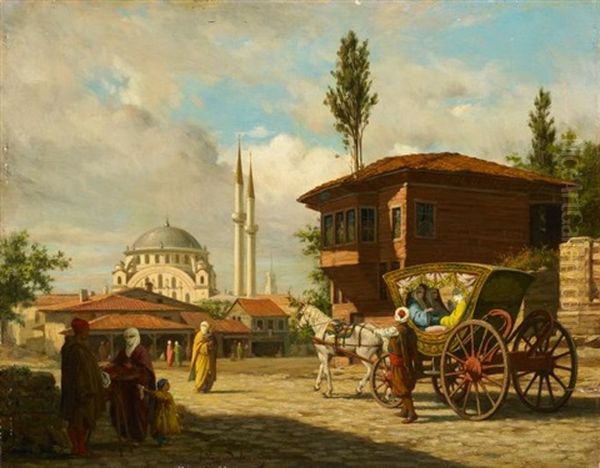 Partie In Istanbul Mit Der Eyup-sultan-moschee Im Hintergrund Oil Painting by Louis Emile Pinel De Grandchamp