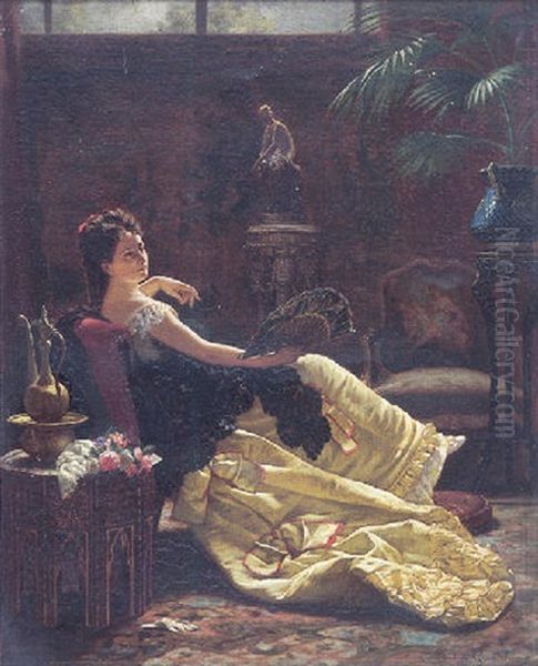 Jeune Femme A L'eventail Oil Painting by Louis Emile Pinel De Grandchamp