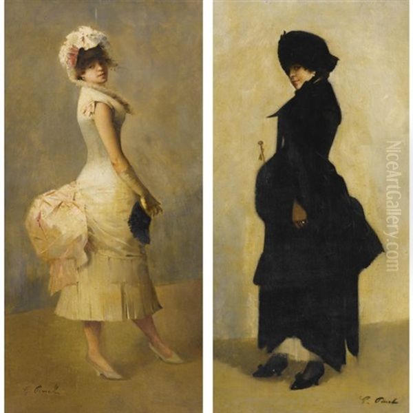 Elegant Ladies (pair) Oil Painting by Gustave Nicolas Pinel