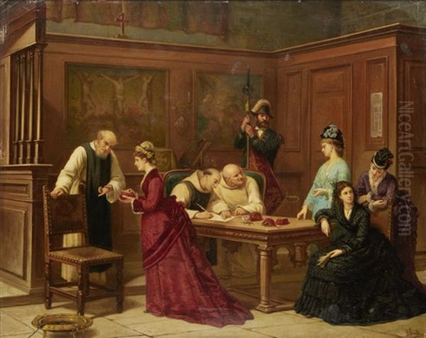 A Donation To The Church Oil Painting by Auguste de Pinelli