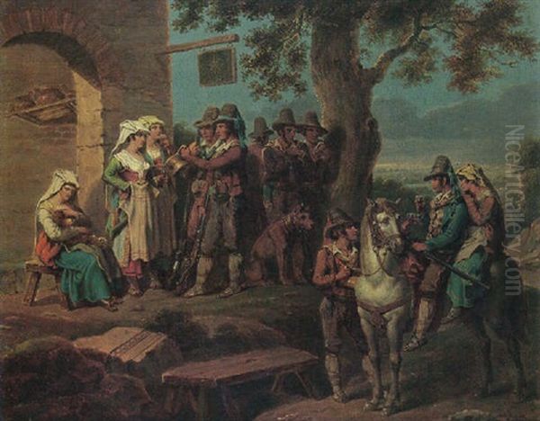 A Hunting Party Resting Before A House Oil Painting by Bartolomeo Pinelli