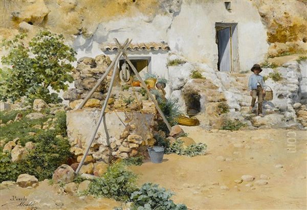 A Young Boy At The Well Oil Painting by Jose Pinelo Llull