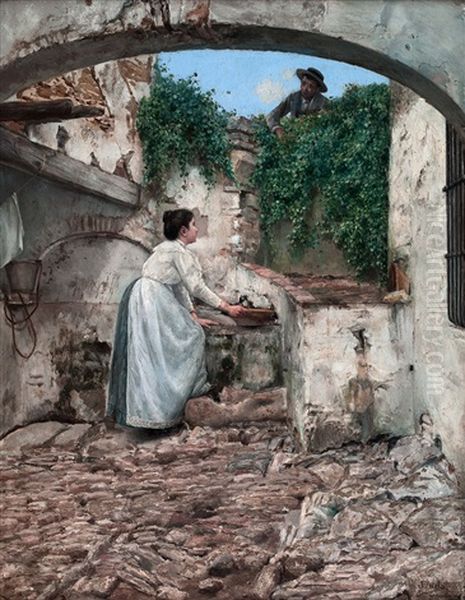 Pelando La Pava Junto A La Fuente Oil Painting by Jose Pinelo Llull