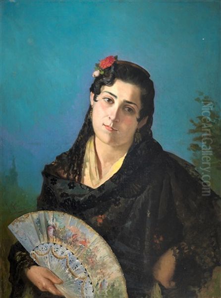 Retrato De Joven Con Abanico Oil Painting by Juan Pinera Y Perez