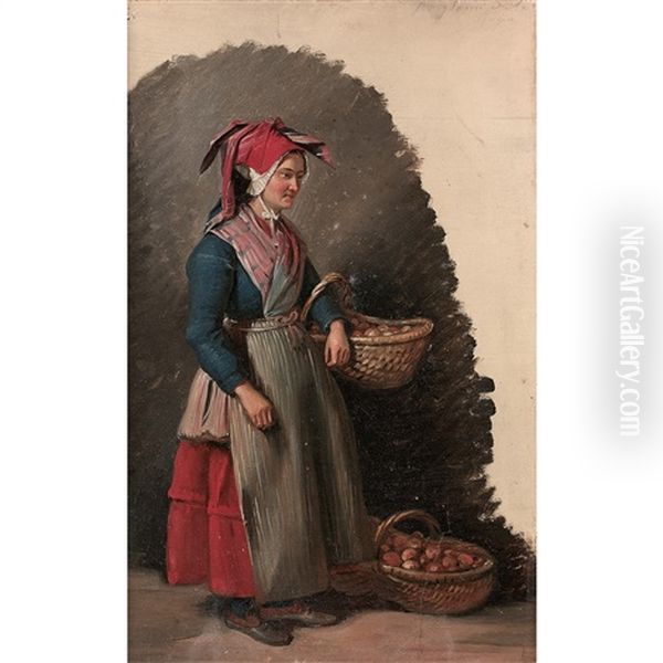 Jeune Femme Au Panier Oil Painting by Edouard Henri Theophile Pingret