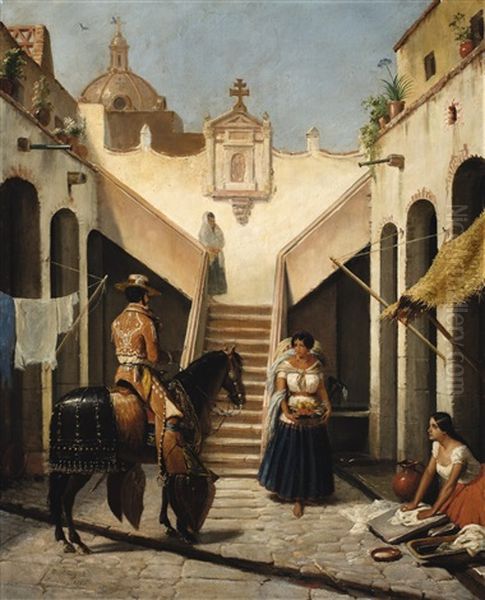 Chinaco E India En Patio Mexicano by Edouard Henri Theophile Pingret