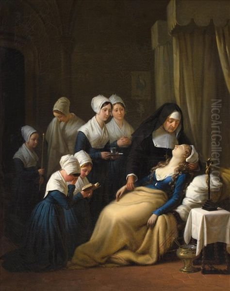 La Mort D'une Orpheline Oil Painting by Edouard Henri Theophile Pingret