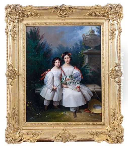 Portrait De Deux Soeurs Dans Un Jardin Oil Painting by Edouard Henri Theophile Pingret