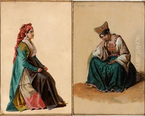 Jeune Fille Au Turban Rouge Et Jeune Fille Pensive (pair) by Edouard Henri Theophile Pingret