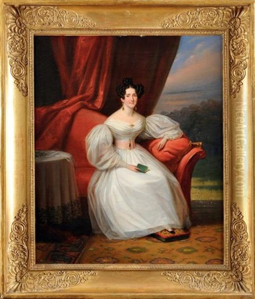 Portrait De La Soeur De Madame P.a. Godart Desmaret Devant Le Chateau De Baccarat Oil Painting by Edouard Henri Theophile Pingret