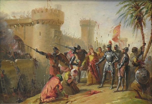 Combat Sous Les Murs D'antioche, Prise D'albare En 1098 (study) Oil Painting by Edouard Henri Theophile Pingret