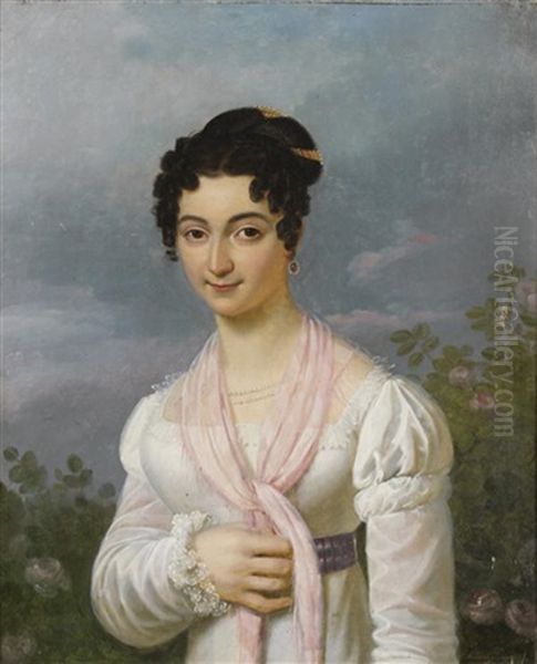 Portrait De Jeune Femme A L'echarpe Rose Oil Painting by Edouard Henri Theophile Pingret