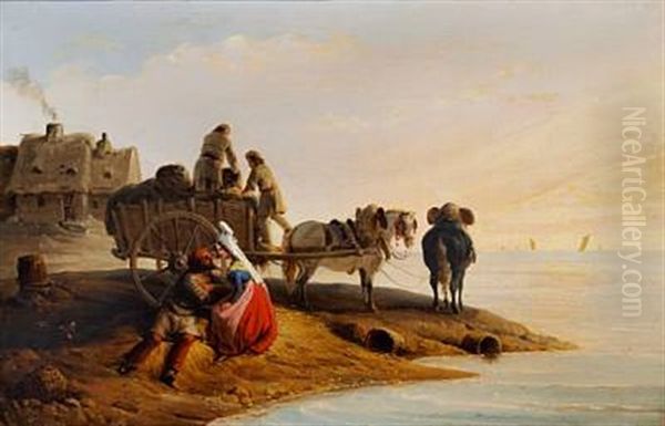 An Italian Couple Sitting On The Sea Shore Next To A Horse Carriage Oil Painting by Edouard Henri Theophile Pingret