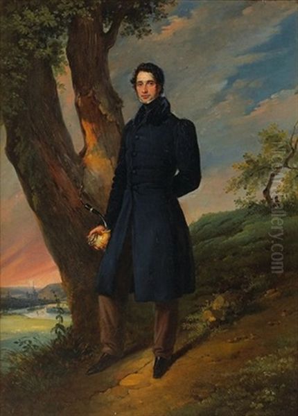 Portrait D'homme Tenant Une Pipe Sur Fond De Paysage Oil Painting by Edouard Henri Theophile Pingret