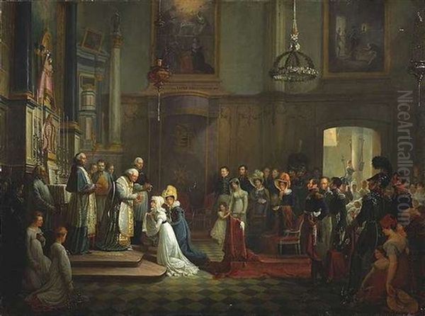 Kircheninterieur Mit Zahlreichen Festlich Gekleideten Gottesdienstbesuchern, Die Einer Kommunion Beiwohnen Oil Painting by Edouard Henri Theophile Pingret