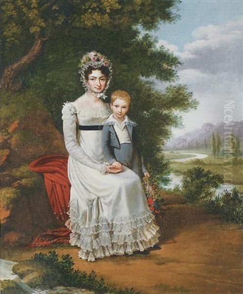 Portrait D'une Femme Et De Son Enfant Oil Painting by Edouard Henri Theophile Pingret