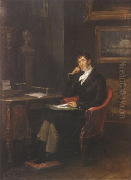 Portrait D'hippolyte De La Porte A Son Bureau Oil Painting by Edouard Henri Theophile Pingret