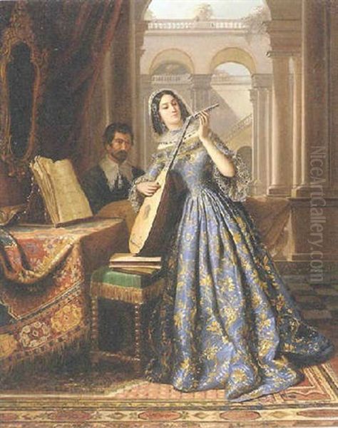 Joueuse De Luth Oil Painting by Edouard Henri Theophile Pingret