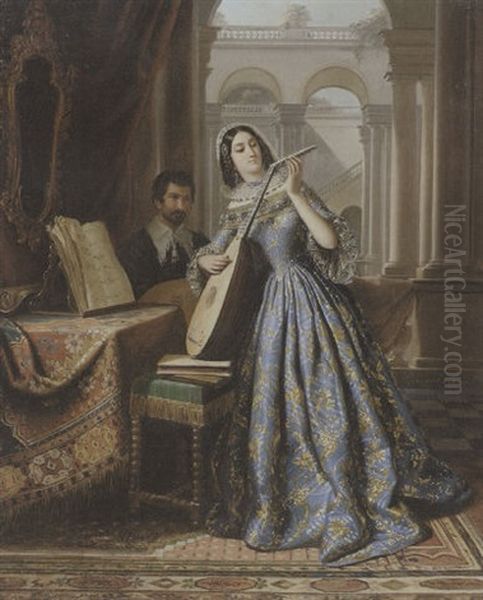 Lautenspielerin Oil Painting by Edouard Henri Theophile Pingret