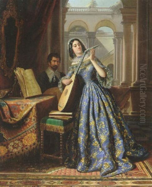 Lautenspielerin Oil Painting by Edouard Henri Theophile Pingret