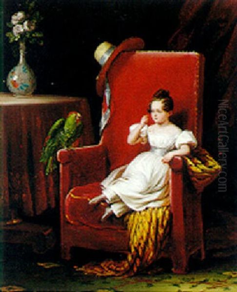 Her Favorite Pet Oil Painting by Edouard Henri Theophile Pingret