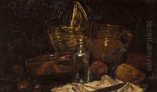 Still-life With Fruits, Basket And Clay Pot Oil Painting by Columbano Bordalo Pinheiro