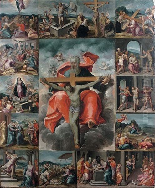 Le Christ En Croix Dans Les Bras De Dieu Le Pere Entoure De Scenes De La Vie Du Christ Oil Painting by Marco da Siena Pino