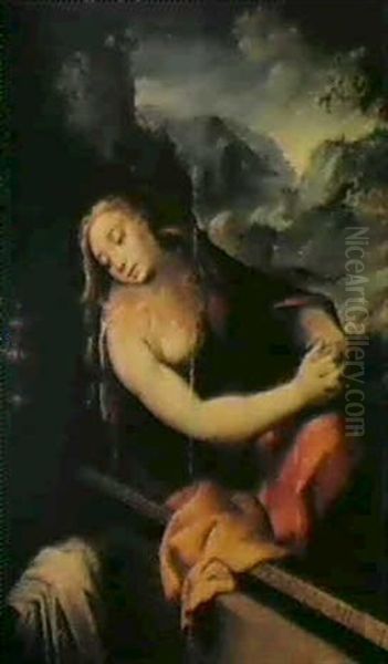 La Maddalena In Meditazione Presso Il Sepolcro Vuoto, Con   Ampio Paesaggio A Destra Oil Painting by Marco da Siena Pino