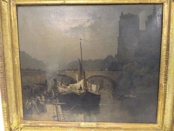 Bateaux Amarres Quai De Montebello Anime, Au Chevet De Notre-dame Oil Painting by Amable Louis Pinta