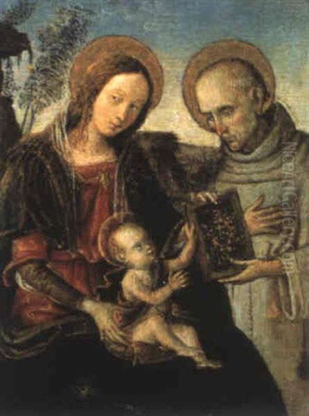 La Madonna Con Bambino, Cui San Bernardino Offre Il Suo     Libro Oil Painting by Bernardino Betti Pinturicchio