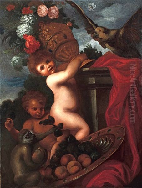 Gioco Di Putti Con Animali Fiori E Frutta Oil Painting by Domenico Piola