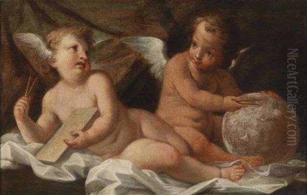 Zwei Gemalde Mit Putti, Die Wissenschaftliche Instrumente Halten, Als Allegorien Der Geometrie Oil Painting by Domenico Piola