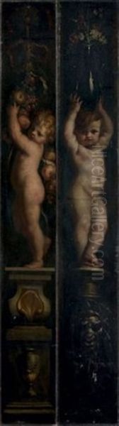 Putto Portant Des Fleurs (+ Putto Portant Des Fruits; Pair) Oil Painting by Domenico Piola