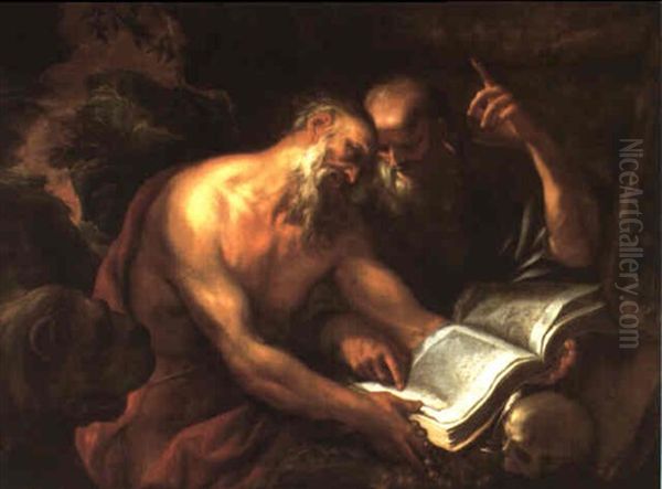 Saints Jerome And Paul The Hermit Oil Painting by Domenico Piola