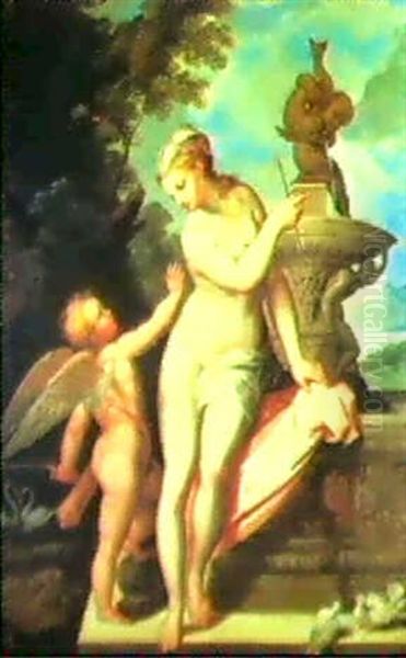 Venus And Cupid By A Fountain Oil Painting by Domenico Piola