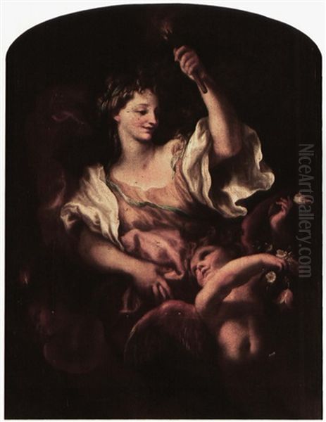 An Allegory With A Classically Dressed Female Figure Holdingtorch & 2 Putti, Possibly An Allegory Of The Element Of Fire Oil Painting by Domenico Piola