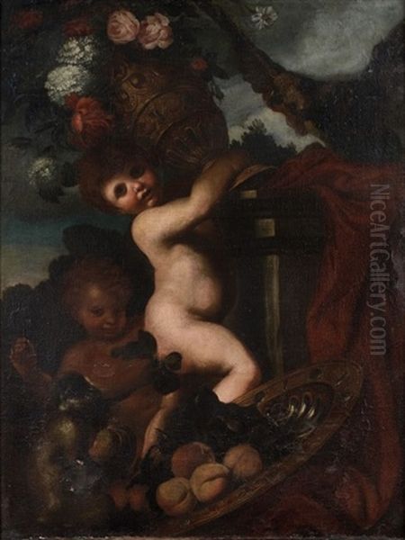 Putti Soulevant Un Vase De Fleurs Derriere Un Singe Jouant Avec Des Fruits Oil Painting by Paolo Girolamo Piola