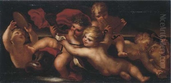 An Allegory Of Music, With Putti Playing Music (an Overdoor) Oil Painting by Paolo Girolamo Piola