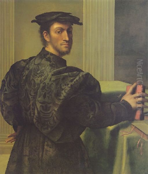 Portrait Of A Gentleman, Standing, His Hand On A Book And Looking Back Over His Right Shoulder by Sebastiano Del Piombo