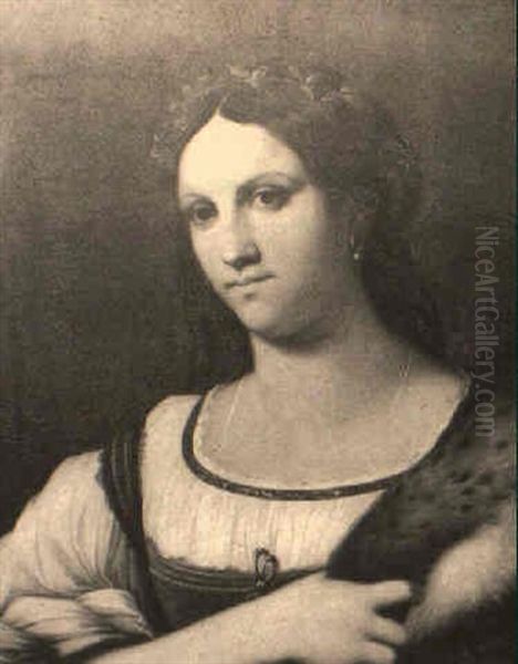 Portrait Of A Woman Holding A Fur Cape On Her Shoulder Oil Painting by Sebastiano Del Piombo