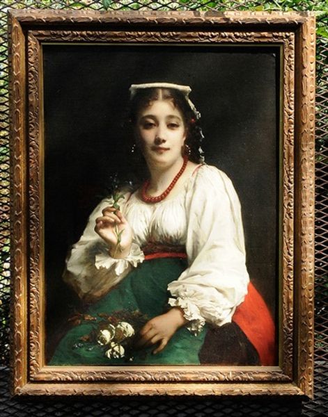 A Seated Italian Beauty Holding Flowers Oil Painting by Etienne Adolph Piot