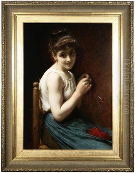 Portrait Of A Girl Knitting Oil Painting by Etienne Adolph Piot