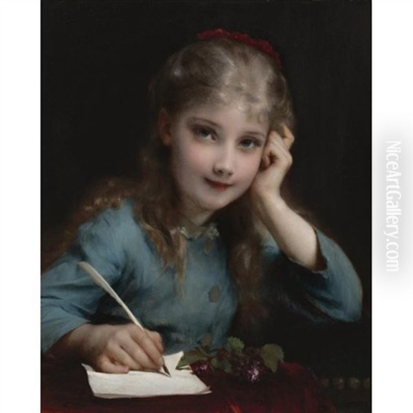 A Young Girl Writing A Letter Oil Painting by Etienne Adolph Piot