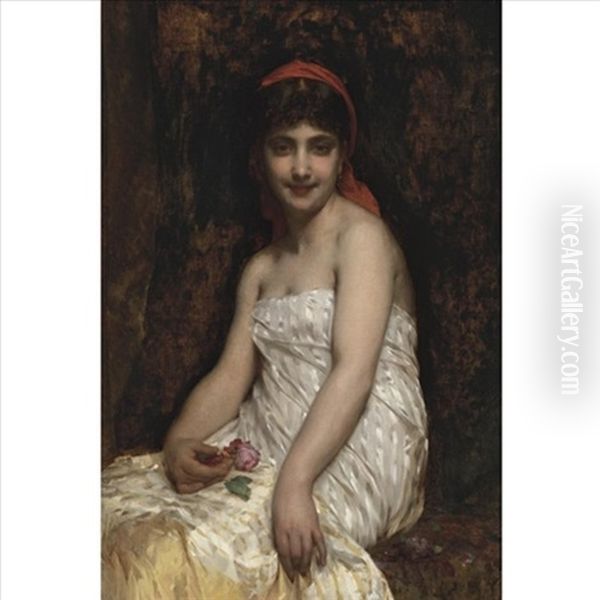 A Young Beauty With Roses Oil Painting by Etienne Adolph Piot